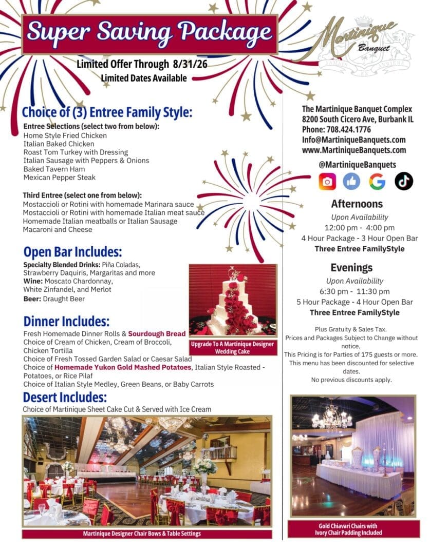Fourth of July family event with fireworks, open bar, and dinner show.